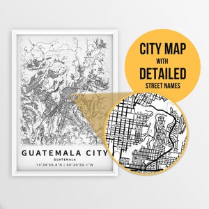 Carte imprimable de la ville de Guatemala, Guatemala avec noms de rues - Téléchargement instantané \ Carte de la ville \ Cadeau de voyage \ Affiche de la ville \ Impression de carte routière