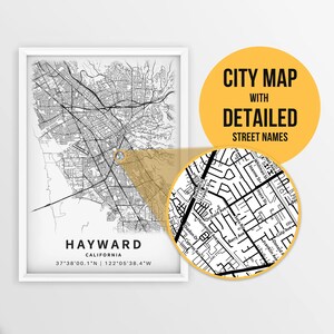 Afdrukbare kaart van Hayward, Californië, VS met straatnamen - Instant Download \ Stadsplattegrond \ Reiscadeau \ Stadsposter \ Routekaart afdrukken