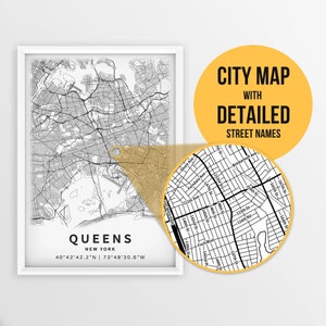Mapa para impressão de Queens, Nova York, NY, EUA com nomes de ruas - Download instantâneo \ Mapa da cidade \ Presente de viagem \ Cartaz da cidade \ Impressão de mapa de estradas