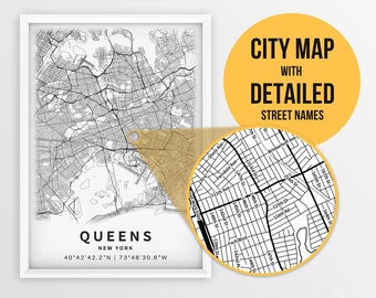 Mapa imprimible de Queens, Nueva York, NY, EE. UU. con nombres de calles - Descarga instantánea \ Mapa de la ciudad \ Regalo de viaje \ Cartel de la ciudad \ Impresión de la hoja de ruta
