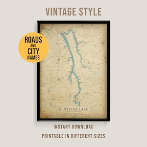 Kentucky Lake Vintage Style Map, Printable Tennessee Lake House Poster (Instant Download)