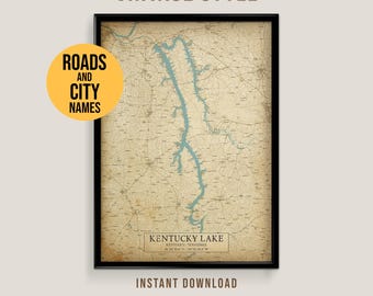 Kaart vintage stijl Kentucky Lake, afdrukbare poster Tennessee Lake House (direct downloaden)