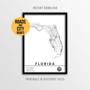 Florida Map Poster, Sunshine State Printable Road Map with City Names (Instant Download)