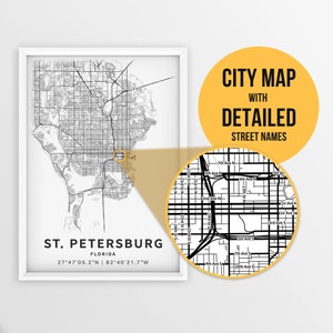 Afdrukbare kaart van St. Petersburg, Florida, VS met straatnamen - Instant Download \ Stadsplattegrond \ Reiscadeau \ Stadsposter \ Routekaart afdrukken