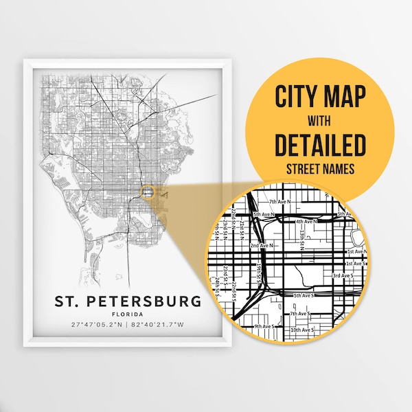 Printable Map of St. Petersburg, Florida, USA with Street Names - Instant Download \ City Map \ Travel Gift \ City Poster \ Road Map Print