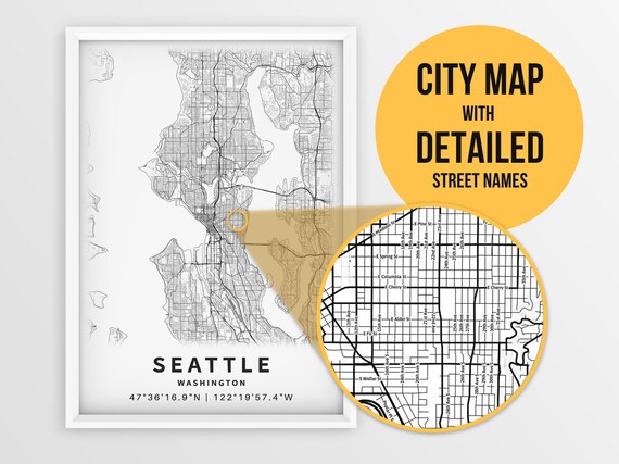 Printable Map of Seattle Washington United States With - Etsy