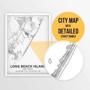 Long Beach Island, New Jersey, USA mit Strassennamen zum ausdrucken - zum sofortigen Download