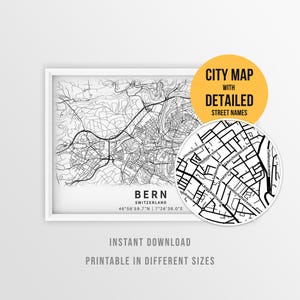 May include: A black and white map print of Bern, Switzerland, featuring street layouts and coordinates. A circular inset shows a magnified view of street names like Hochfeldstrasse and Neufeldstrasse. A yellow circle displays CITY MAP WITH DETAILED STREET NAMES.