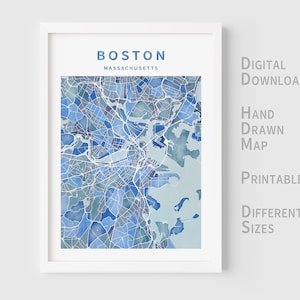 Druckbare Aquarell Karte von Boston, Massachusetts, USA - Sofort Download \ Stadtplan \ Wandkunst \ Handgezeichnet