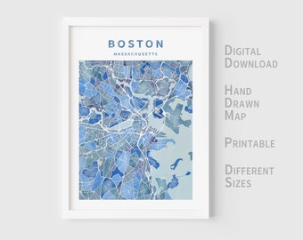 Carte aquarelle imprimable de Boston, Massachusetts, États-Unis - Téléchargement instantané \ Plan de la ville \ Art mural \ Dessiné à la main
