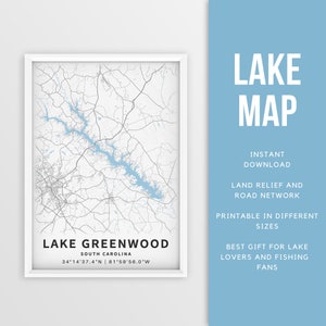 Mapa imprimible Lake Greenwood, Carolina del Sur, EE. UU. - Descarga instantánea \ Mapa del lago \ Cartel de pesca \ Decoración de la casa del lago \ LakeLife \ Paseos en bote