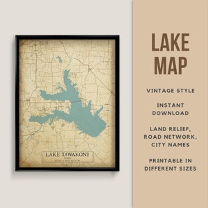 Mapa de estilo vintage del lago Tawakoni, Texas, EE. UU. - Descarga instantánea \ Mapa del lago \ Arte de la pared \ Decoración de la casa del lago \ Mapa rústico \ Cartel del mapa \