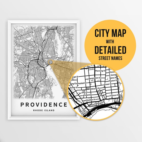 Printable Map of Providence, Rhode Island, USA with Street Names - Instant Download \ City Map \ Travel Gift \ City Poster \ Road Map Print