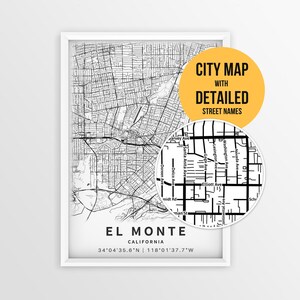 May include: A framed black and white map of El Monte, California, featuring detailed street grids and coordinates. A circular inset shows a magnified view of street names like Santa Anita Ave and Elliott Ave. Text reads CITY MAP WITH DETAILED STREET NAMES.