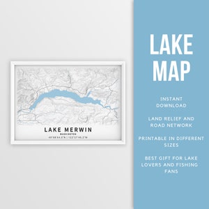 Afdrukbare kaart van Lake Merwin, Washington, VS - Instant Download \ Lake Map \ Map Poster \ Lake House Decor \ LakeLife \ Fishing \ Varen