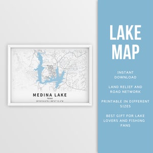 Mapa imprimible de Medina Lake, Texas, EE. UU. - Descarga instantánea \ Mapa del lago \ Cartel del mapa \ Decoración de la casa del lago \ LakeLife \ Pesca \ Paseos en bote
