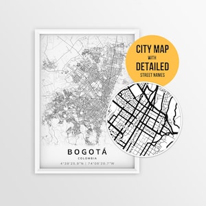 Mapa de Bogotá, Colombia, con nombres de calles, póster imprimible de la ciudad de Bogotá (descarga instantánea)