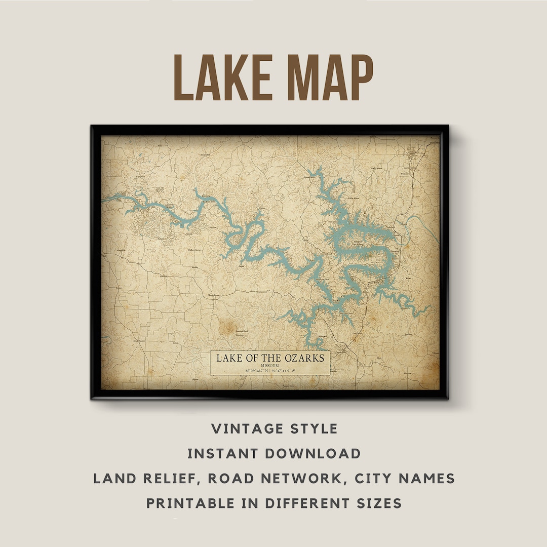 Buy Printable Vintage Style Map of Lake of the Ozarks, Missouri, USA