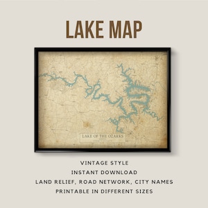 Mapa de estilo vintage imprimible del lago de los Ozarks, Misuri, EE. UU. con nombres de ciudades - Descarga instantánea \ Mapa del lago \ Arte de la pared \ Mapa rústico