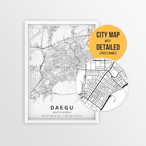 Daegu South Korea Map with Street Names, Printable Daegu City Poster (Instant Download)