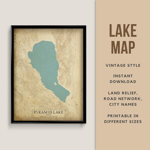 Carte de style vintage de Pyramid Lake, Nevada, États-Unis avec les noms de villes - téléchargement immédiat \ carte du lac \ art mural \ affiche imprimable \ impression de carte