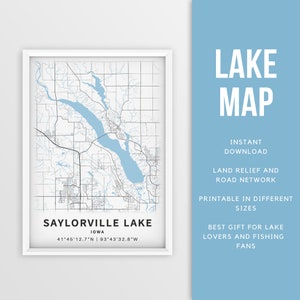 Mapa imprimible del lago Saylorville, Iowa, EE. UU. - Descarga instantánea \ Mapa del lago \ Cartel del mapa \ Decoración de la casa del lago \ LakeLife \ Pesca \ Paseos en bote