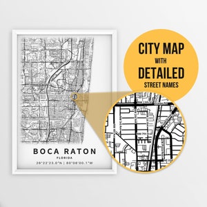 Afdrukbare kaart van Boca Raton, Florida, VS met straatnamen - Instant Download \ Stadsplattegrond \ Reiscadeau \ Stadsposter \ Routekaart afdrukken