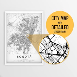 Carte imprimable de Bogotá, Colombie avec noms de rues - Téléchargement instantané \ Carte de la ville \ Cadeau de voyage \ Affiche de la ville \ Impression de carte routière \ Art mural