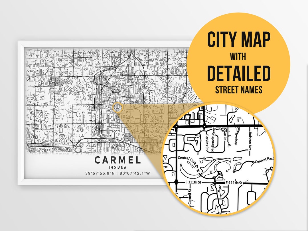Printable Map of Carmel Indiana USA With Street Names Etsy
