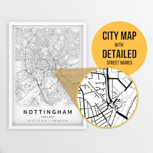 Mappa stampabile di Nottingham, Inghilterra, Regno Unito con i nomi delle strade - Download istantaneo \ Mappa della città \ Regalo di viaggio \ Poster della città \ Stampa mappa