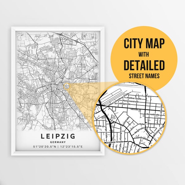 Printable Map of Leipzig, Germany with Street Names - Instant Download \ City Map \ Travel Gift \ City Poster \ Road Map Print \ Street Map