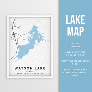 Mapa imprimible de Watson Lake, Arizona, EE. UU. - Descarga instantánea \ Mapa del lago \ Cartel del mapa \ Decoración de la casa del lago \ LakeLife \ Pesca \ Paseos en bote