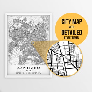 Carte imprimable de Santiago, Chili avec noms de rues - Téléchargement instantané \ Plan de la ville \ Cadeau de voyage \ Affiche de la ville \ Impression de carte routière \ Plan de rue