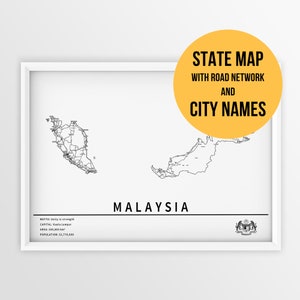 Printable Map of Malaysia with city names and roads - Instant Download \ Country Map \ Map Art \ PushPin Map \ Travel Planner \ Malaysia Map