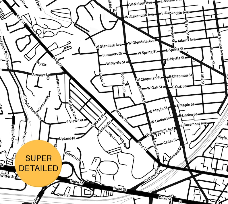 May include: A black and white map with street names and a yellow circle that says "SUPER DETAILED". The map shows a detailed layout of streets, roads, and intersections.