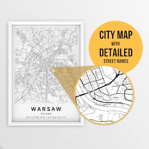 Mapa para impressão de Varsóvia, Polônia com nomes de ruas - download instantâneo \ Mapa da cidade \ Presente de viagem \ Cartaz da cidade \ Impressão de mapa de estradas \ Mapa de ruas
