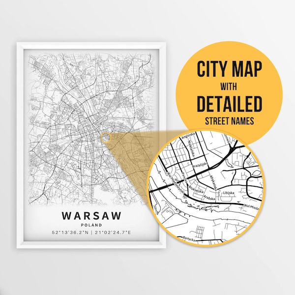 Printable Map of Warsaw, Poland with Street Names - Instant Download \ City Map \ Travel Gift \ City Poster \ Road Map Print \ Street Map