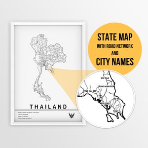 Carte imprimable de la Thaïlande avec les noms des villes et des routes - téléchargement immédiat \ carte du pays \ affiche de carte \ carte à épingles \ planificateur de voyage