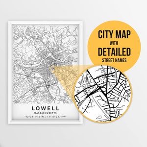 Printable Map of Lowell, Massachusetts, USA with Street Names - Instant Download \ City Map \ Travel Gift \ City Poster \ Road Map Print