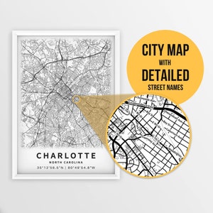 Druckbare Karte von Charlotte, North Carolina, USA mit Straßennamen - Sofort Download \ City Map \ Travel Gift \ City Poster \ Road Map Print
