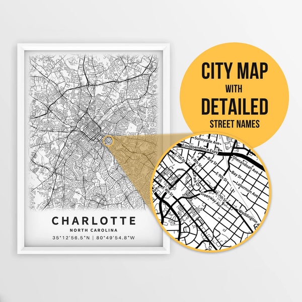 Printable Map of Charlotte, North Carolina, USA with Street Names - Instant Download \ City Map \ Travel Gift \ City Poster \ Road Map Print