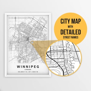 Mapa para impressão de Winnipeg, Manitoba, Canadá com nomes de ruas - download instantâneo \ Mapa da cidade \ Presente de viagem \ Cartaz da cidade \ Impressão de mapa de estradas