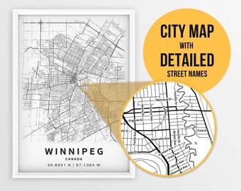 Printable Map of Winnipeg, Manitoba, Canada with Street Names - Instant Download \ City Map \ Travel Gift \ City Poster \ Road Map Print