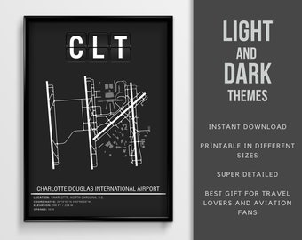 CLT Charlotte Douglas International Airport Poster - Téléchargement instantané \ Art de la carte \ Imprimable \ Carte de l'aéroport \ Affiche de voyage en Caroline du Nord