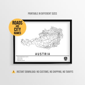 Austria Map Poster, Printable Country Road Map with City Names (Instant Download)