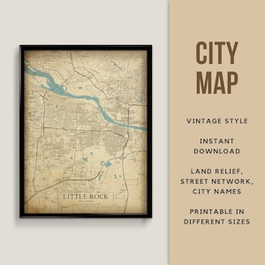 Carte de style vintage de Little Rock, Arkansas, États-Unis - téléchargement immédiat \ plan des rues \ art mural \ affiche de carte \ style antique \ impression de carte