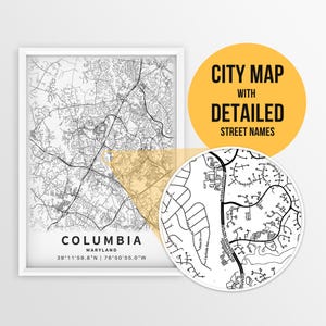 Carte imprimable de Columbia, Maryland, États-Unis avec les noms de rue - téléchargement immédiat \ plan de la ville \ cadeau de voyage \ affiche de la ville \ impression de carte routière