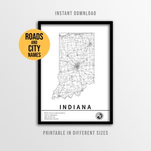 Póster del mapa del estado de Indiana, mapa de carreteras de EE. UU. imprimible con nombres de ciudades (descarga instantánea)