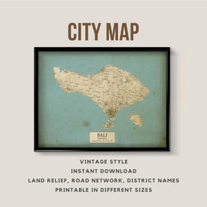 Vintage Style Map of Bali, Indonesia - Instant Download \ Country Map \ Travel Gift \ City Poster \ Map Print \ Rustic Map \ Denpasar map