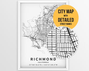 Richmond California Map with Street Names, Printable Richmond City Poster (Instant Download)